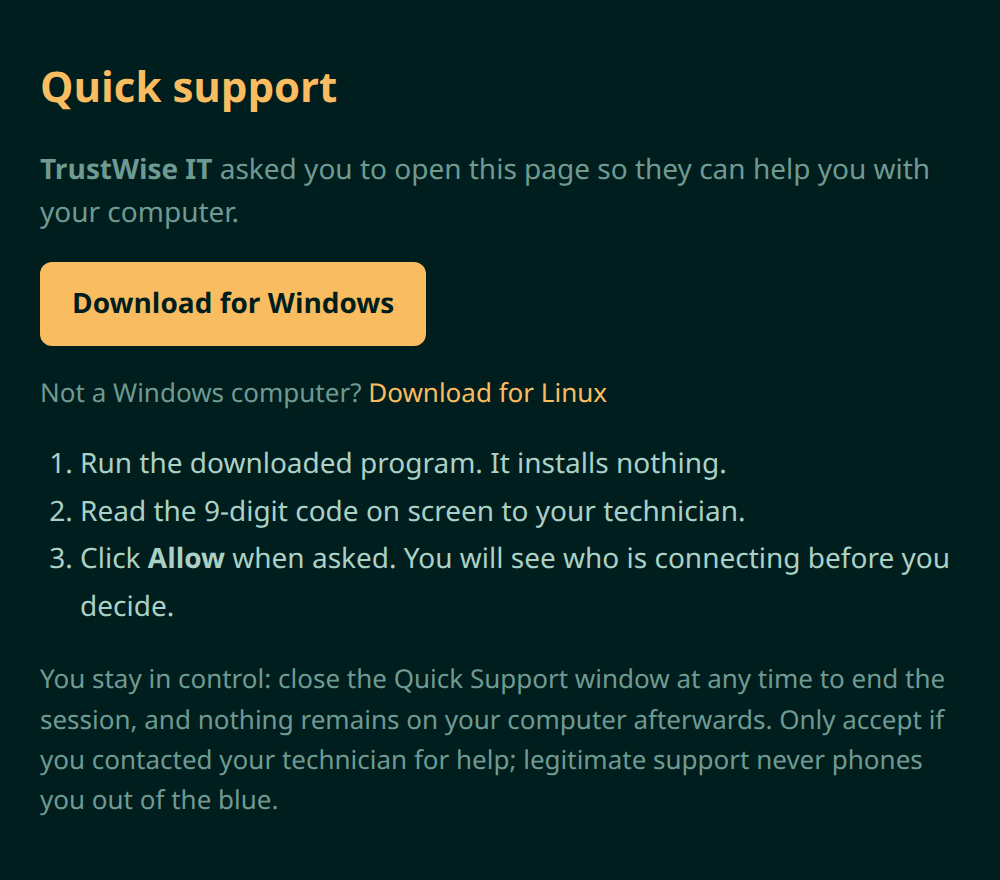 The Quick Support download page, showing that TrustWise IT asked you to open it, a Download for Windows button, and three short instructions.